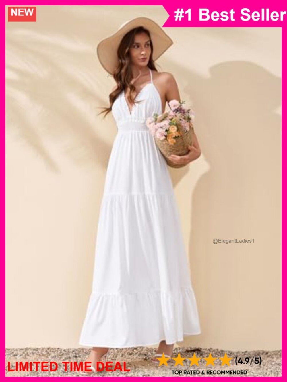 Floral Halter V Neck Ruffle Smocked Flowy Maxi Dress Boho Beach Sundress - Picture 2 of 5